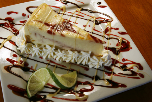 A decadent slice of cheesecake.